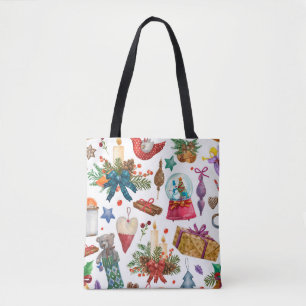 Tote Bag Aquarelle Motif avec ornement de Noël Vintage