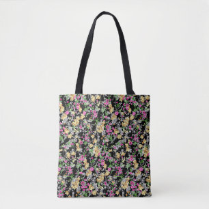 Tote Bag aquarelle motif floral transparent fond noir