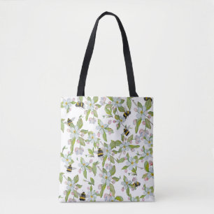 Tote Bag Aquarelle motif jardin fleurit et bourdons