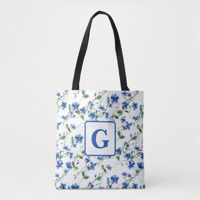 Tote Bag aquarelle ne m'oublie pas les fleurs Monogramme (Devant)