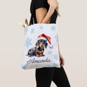 Tote Bag Aquarelle noir et tan Dachshund Chien de Noël