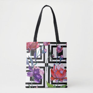 Tote Bag Aquarelle noire/blanche À damiers Floral Fourre-t