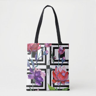 Tote Bag Aquarelle noire/blanche À damiers Floral Fourre-to