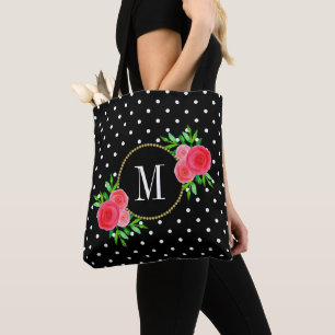 Tote Bag Aquarelle noire mûre Fleurs rouges Dots Monogramm