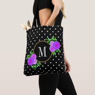Tote Bag Aquarelle noire mûre Fleurs violettes Dots Monogr