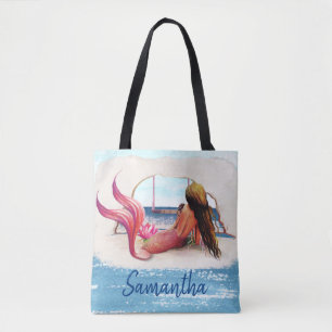Tote Bag Aquarelle Nom Plage Mermaid Africain Américain