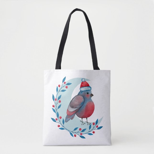 Tote Bag Aquarelle Oiseau bleu de Noël sur la lune (Devant)