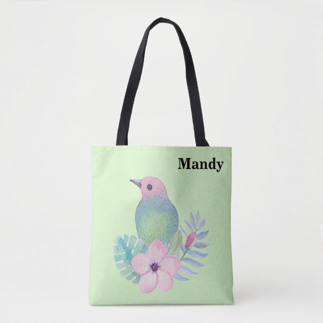 Tote Bag Aquarelle Oiseau et Fleur (Devant)