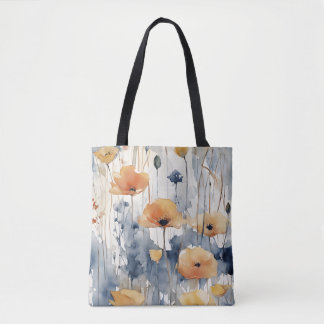 Tote Bag Aquarelle Orange Fleurs Blue Indigo Design 347