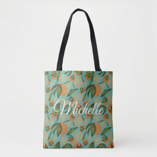 Tote Bag Aquarelle Orange Turquoise Botanique Personnalisée (Devant)