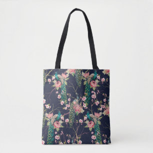 Tote Bag aquarelle paon motif sur une cerise d'arbre, fleur