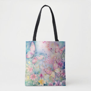 Tote Bag Aquarelle Papillons Whimsical et fleurs Fourre-tou
