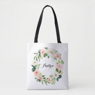 Tote Bag Aquarelle Pastel Roses Floral Wreath Bridesmaid