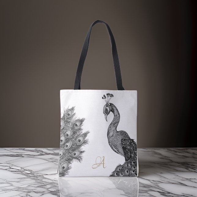 Tote Bag Aquarelle Peacock Monogramme noir et blanc (Créateur téléchargé)