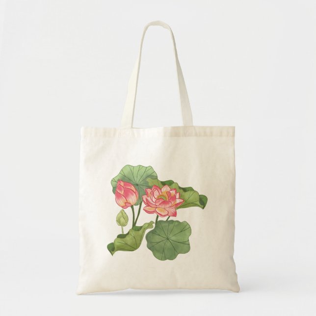 Tote Bag Aquarelle Peinte à la main élégante rose Lotus (Devant)