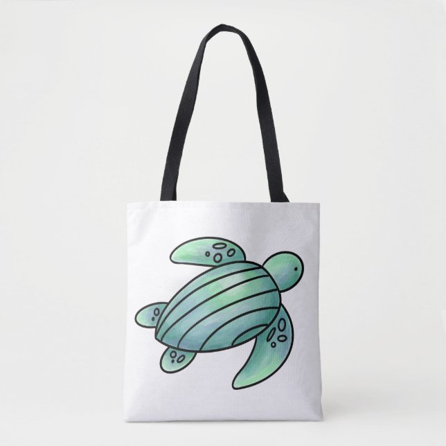 Tote Bag aquarelle peinte caricature de tortue de mer bleu  (Devant)