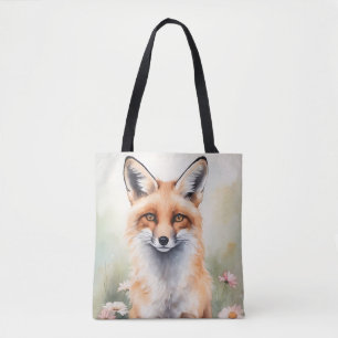 Tote Bag Aquarelle Peinture Fox avec Fleurs marguerites