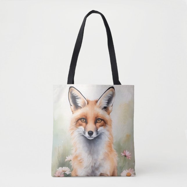 Tote Bag Aquarelle Peinture Fox avec Fleurs marguerites (Devant)