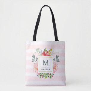 Tote Bag Aquarelle Peony Flowers avec Monogramme et rayures