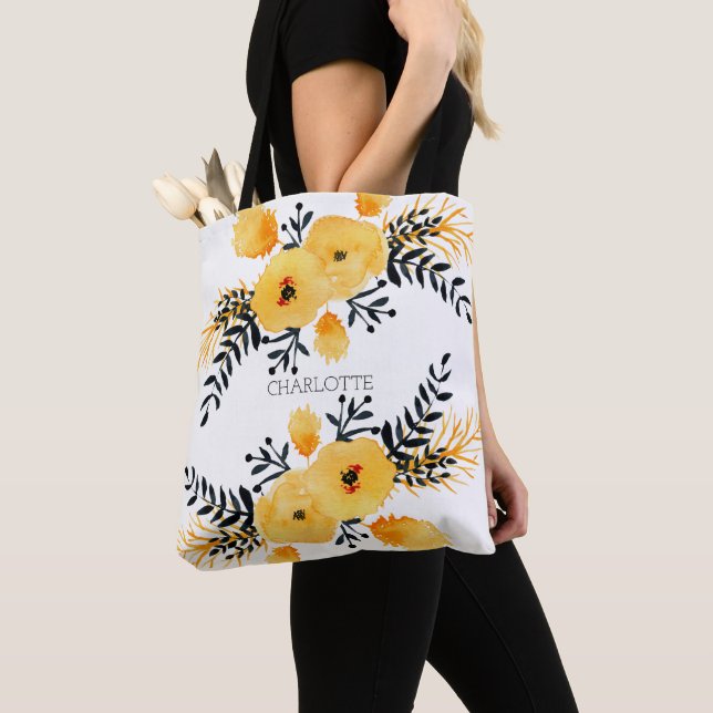 Tote Bag Aquarelle personnalisée à fleurs jaunes (De près)
