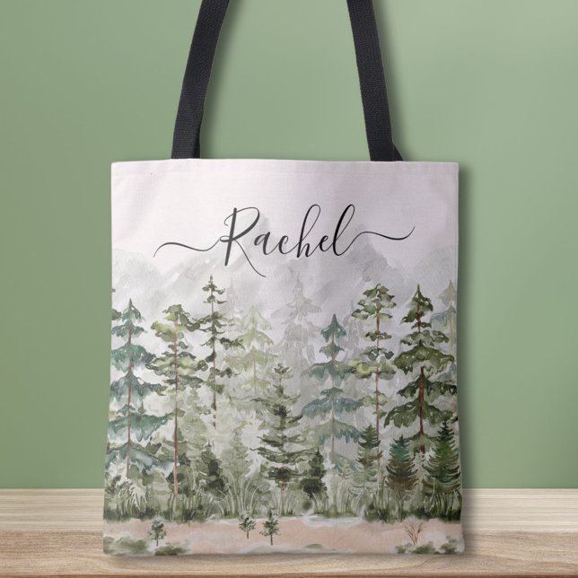 Tote Bag Aquarelle personnalisée Green Pine Forest Mountain (In situ)