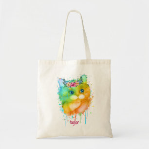 Tote Bag Aquarelle Pet Chat avec fleurs