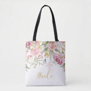 Tote Bag Aquarelle Pink Gold Roses Green Bride Fourre-tout