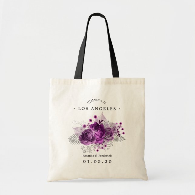 Tote Bag Aquarelle Plum et Argent Mariage Floral Bienvenue (Devant)