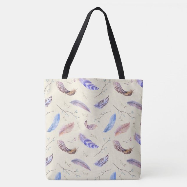 Tote Bag Aquarelle Plumes Feuilles et Branches Motif (Devant)