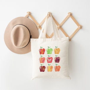 Tote Bag Aquarelle Pomme Premier Monogramme Enseignant