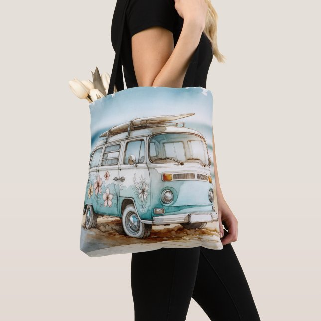 Tote Bag Aquarelle Retro Campervan Avec Surf (De près)