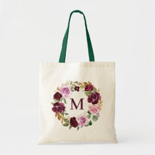 Tote Bag Aquarelle romantique Plum Floral Wreath Monogramme