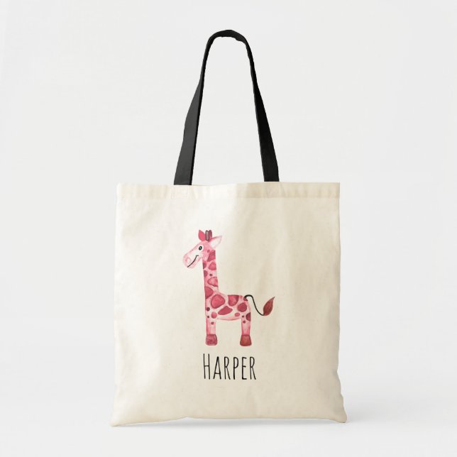 Tote Bag Aquarelle rose de la fille Baby Giraffe Nom Safari (Devant)