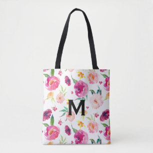 Tote Bag Aquarelle rose et bleu Motif Monogramme