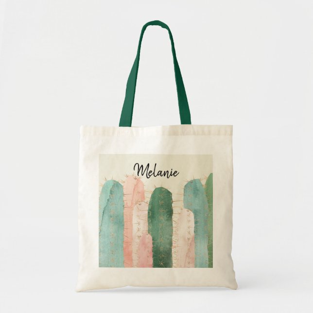 Tote Bag Aquarelle rose et verte de cactus (Devant)