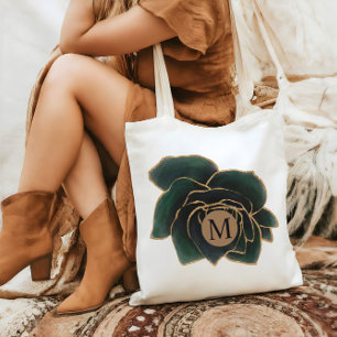 Tote Bag Aquarelle Rose Faux Or Et Vert Monogramme