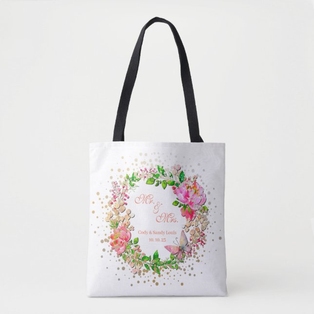 Tote Bag Aquarelle rose floral et papillon printemps lancer (Devant)
