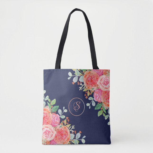 Tote Bag Aquarelle Rose Floral Navy Monogramme (Devant)