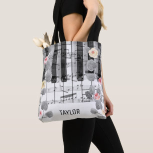 Tote Bag aquarelle rose gris feuillage musique piano
