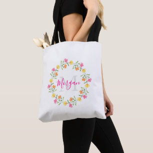 Tote Bag Aquarelle rose jaune orange jaune couronne florale