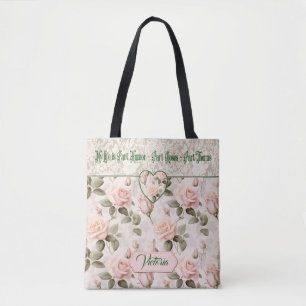 Tote Bag Aquarelle Rose Pâle et Rose Fleurie en Dentelle po