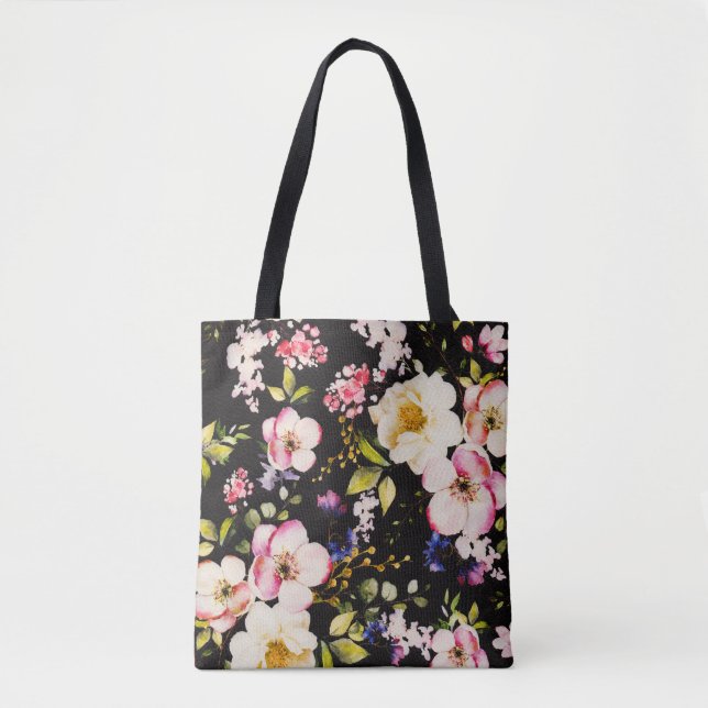 Tote Bag Aquarelle rose Roses Jaunes Arrière - plan noir (Devant)