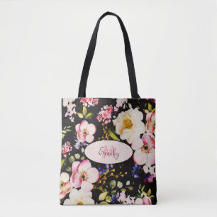 Tote Bag Aquarelle rose Roses jaunes sur noir, Monogramme