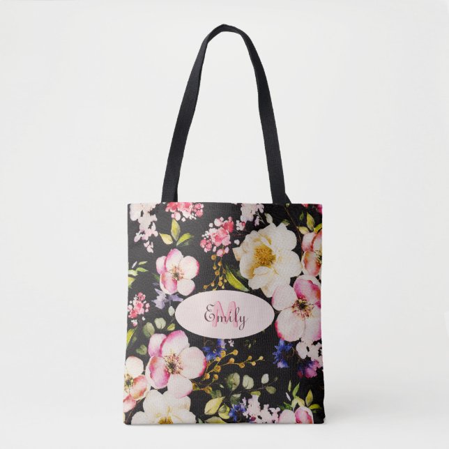Tote Bag Aquarelle rose Roses jaunes sur noir, Monogramme (Devant)
