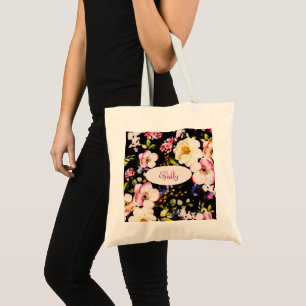 Tote Bag Aquarelle rose Roses jaunes sur noir, Monogramme
