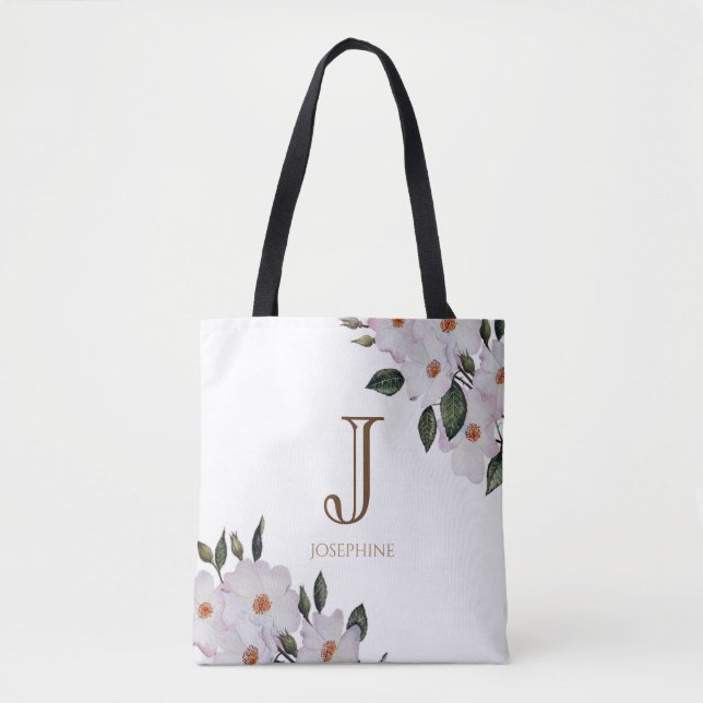 Tote Bag Aquarelle Roses roses Ballerina Floral Monogramme (Devant)
