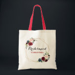 Tote Bag Aquarelle rouge Bourgogne cadeau Floral Bridesmaid<br><div class="desc">Aquarelle romantique Bourgogne Rouge Marine Florale Géométrique Rustique Boho Mariage / nuptiale douche femme de ménage sac fourre-tout cadeau. Parfait pour un mariage d'automne/mi-été. Le design comprend un bouquet époustouflant de bordeaux / Marsala, pêche, fleurs marines avec feuilles assortis. S'il vous plaît trouver d'autres modèles et variantes dans mon magasin...</div>