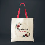 Tote Bag Aquarelle rouge Bourgogne cadeau Floral Bridesmaid<br><div class="desc">Aquarelle romantique Bourgogne Rouge Marine Florale Géométrique Rustique Boho Mariage / nuptiale douche femme de ménage sac fourre-tout cadeau. Parfait pour un mariage d'automne/mi-été. Le design comprend un bouquet époustouflant de bordeaux / Marsala, pêche, fleurs marines avec feuilles assortis. S'il vous plaît trouver d'autres modèles et variantes dans mon magasin...</div>