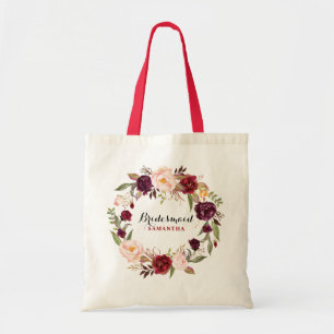 Tote Bag Aquarelle rouge Bourgogne cadeau Floral Bridesmaid