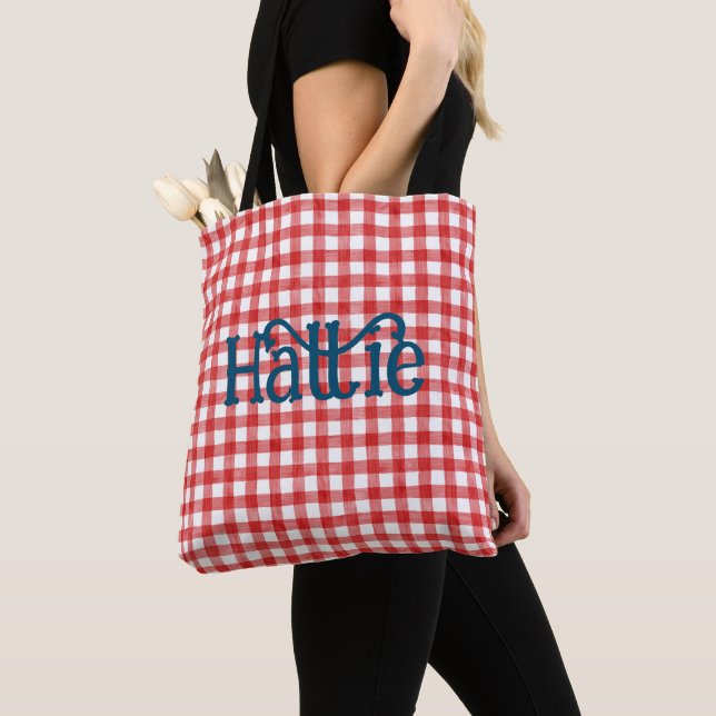 Tote Bag Aquarelle rouge En vichy personnalisée (De près)